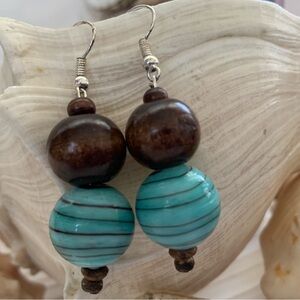Drop Earrings Handcrafted Glass And Wood Bead Design Boho Sterling Silver Hooks
